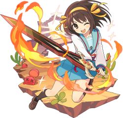 Rule 34 | 1girl, artist request, bisected, black socks, blue sailor collar, blue skirt, blush, bob cut, breasts, brown eyes, brown footwear, brown hair, cactus, collarbone, creature, crystal, door, female focus, fire, full body, gem, hair ribbon, happy, highres, holding, holding sword, holding weapon, jumping, kneehighs, leg up, light blush, loafers, long sleeves, looking at viewer, miniskirt, non-web source, official art, one eye closed, open mouth, orange ribbon, red gemstone, red ribbon, ribbon, sailor collar, school uniform, serafuku, shirt, shirt tucked in, shoes, short hair, sidelocks, skirt, small breasts, smile, socks, solo, sparkle, suzumiya haruhi, sword, teeth, transparent background, treasure chest, two-handed, v-shaped eyebrows, weapon, white shirt, wink, world flipper, x x