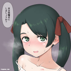 Rule 34 | 1girl, black hair, blush, collarbone, cypress, green eyes, grey background, kantai collection, long hair, mikuma (kancolle), open mouth, portrait, simple background, smile, solo, speech bubble, translation request, twintails, twitter username