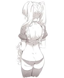 Rule 34 | 1girl, 2l (2lsize), apron, ass, bad id, bad twitter id, blush, butt crack, choker, copyright request, cowboy shot, dimples of venus, duplicate, frill trim, frills, from behind, greyscale, highres, long hair, monochrome, simple background, solo, thighhighs, twintails, white background, wrist cuffs