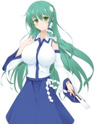 Rule 34 | 1girl, bad id, bad pixiv id, blush, breasts, detached sleeves, frog hair ornament, gisyo, gohei, green eyes, green hair, hair ornament, huge breasts, kochiya sanae, long hair, looking at viewer, matching hair/eyes, simple background, snake hair ornament, solo, touhou, very long hair, white background