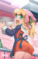 Rule 34 | 1girl, ass, blonde hair, capcom, cooking, green eyes, hair ribbon, huge ass, legs, looking at viewer, looking back, mega man (series), open mouth, ponytail, ribbon, roll (mega man), shisui, smile, solo, thighs