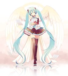 Rule 34 | 1girl, absurdly long hair, absurdres, angel wings, blue eyes, blue hair, blue nails, blue necktie, blush, detached sleeves, falling, feathered wings, fingernails, floating, frilled skirt, frills, full body, gradient background, half-closed eyes, happy, hatsune miku, head tilt, headset, highres, holding, holding paper, long hair, looking away, nail polish, necktie, nokuhashi, paper, reflection, sheet music, shirt, simple background, skirt, sleeveless, sleeveless shirt, smile, solo, standing, thighhighs, thighs, twintails, very long hair, vocaloid, white background, wings