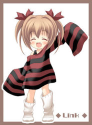Rule 34 | ^ ^, blush, brown hair, child, closed eyes, fang, happy, link (artist), long hair, long sleeves, loose socks, lowres, oversized clothes, oversized shirt, ribbon, shirt, short twintails, socks, strapless, striped, twintails, undershirt