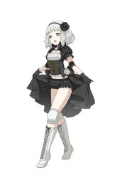 Rule 34 | 1girl, black flower, black gloves, black rose, boots, breasts, drill hair, flower, full body, gloves, grey eyes, hairband, himekouji yuki, official art, overskirt, pale skin, puffy short sleeves, puffy sleeves, ring dream, rose, short hair, short sleeves, shorts, silver hair, simple background, skirt hold, small breasts, smile, solo, transparent background, white flower, white footwear, white rose, wrestling outfit, yorumura shiro