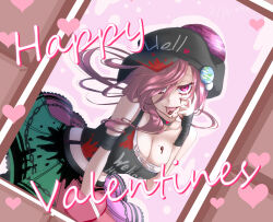 Rule 34 | 1girl, absurdres, alternate costume, black hat, breasts, chocolate, commentary request, cover, cover page, dutch angle, earth (ornament), happy valentine, hat, hecatia lapislazuli, highres, kamekichi27, medium hair, moon (ornament), red eyes, red hair, simple background, smile, solo, tongue, tongue out, touhou, underworld (ornament), valentine, white background
