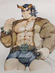 Rule 34 | 1boy, abs, bara, bare pectorals, blue hair, blue male underwear, blush, boxer briefs, broken horn, bulge, cropped legs, dark blue hair, demon boy, demon horns, facial hair, fang, fiery horns, forked eyebrows, gluteal fold, guoguo, horns, jacket, large pectorals, lifting own clothes, long sideburns, male focus, male underwear, mature male, muscular, muscular male, navel, nipples, open clothes, open jacket, pectorals, short hair, sideburns, solo, stomach, stubble, sword, takemaru (housamo), thick eyebrows, thick thighs, thighs, tokyo houkago summoners, traditional media, underwear, undressing, weapon