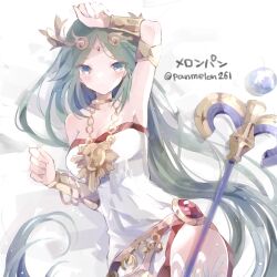 Rule 34 | 1girl, ancient greek clothes, arm up, ayametoru, breasts, chain, chiton, commentary request, diadem, dress, forehead jewel, gold chain, green eyes, green hair, highres, kid icarus, kid icarus uprising, long hair, looking at viewer, medium breasts, nintendo, palutena, solo, staff, strapless, strapless dress, vambraces, very long hair