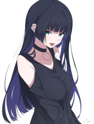 Rule 34 | 1girl, :d, barbell piercing, black choker, black dress, black hair, bocchi the rock!, breasts, chin piercing, choker, ci4, colored inner hair, commentary request, detached sleeves, dress, ear piercing, green eyes, highres, hime cut, industrial piercing, large breasts, multicolored hair, open mouth, pa-san, partial commentary, piercing, signature, simple background, smile, solo, white background
