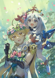 Rule 34 | 1boy, 1girl, aether (genshin impact), ahoge, arm armor, arm up, armor, artist name, blue bow, blue eyes, blue flower, blue scarf, blurry, blurry background, boots, bouquet, bow, braid, brown gloves, brown shirt, cape, commentary request, constellation print, crystal hair ornament, day, earrings, fingernails, flower, flying, fushitasu, genshin impact, gloves, gold trim, green background, green flower, green theme, grey hair, hair between eyes, hair ornament, halo, hand on another&#039;s shoulder, hands up, head wreath, holding, holding bouquet, holding flower, jewelry, long hair, long sleeves, looking at another, mechanical halo, multicolored eyes, open mouth, outdoors, paimon (genshin impact), petals, pink flower, puffy long sleeves, puffy sleeves, purple eyes, purple flower, romper, scarf, shirt, short hair, short sleeves, shoulder armor, single earring, single thighhigh, smile, standing, star (symbol), starry sky print, sunlight, thigh boots, thighhighs, white flower, white footwear, white romper, white scarf, white thighhighs, yellow cape, yellow eyes, yellow flower