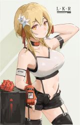 Rule 34 | 1girl, arm behind head, arm belt, arm up, armband, bare shoulders, black shorts, black thighhighs, blonde hair, breasts, camisole, choker, cleavage, commentary, cowboy shot, crop top, fingerless gloves, flower, garter straps, genshin impact, gloves, grey background, hair between eyes, hair flower, hair ornament, highres, large breasts, lumine (genshin impact), lycsakd, midriff, navel, open fly, red choker, red flower, red gloves, red rose, rose, short hair, short shorts, shorts, solo, spaghetti strap, stomach, thighhighs, thighs, white flower, yellow eyes