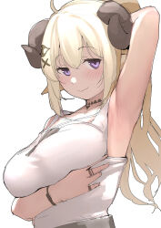 Rule 34 | 1girl, animal ears, arm behind head, arm under breasts, arm up, armpits, blonde hair, blush, breasts, choker, closed mouth, clothes pull, collarbone, curled horns, double-parted bangs, hair ornament, highres, hololive, horns, jewelry, large breasts, long hair, looking at viewer, mitsuru (pixiv 34028718), official alternate costume, ponytail, presenting armpit, purple eyes, ring, seductive smile, sheep ears, sheep girl, sheep horns, shirt, shirt pull, sidelocks, simple background, sketch, sleeveless, sleeveless shirt, smile, solo, tsunomaki watame, tsunomaki watame (amazing swing), upper body, virtual youtuber, white background, white shirt, x hair ornament