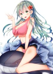 Rule 34 | 1girl, absurdres, bikini, blue sarong, blush, breasts, dated, flower, green eyes, green hair, hair between eyes, hair flower, hair ornament, highres, kantai collection, large breasts, long hair, navel, open mouth, pink bikini, red flower, sarong, shanghmely, signature, simple background, smile, solo, suzuya (kancolle), swimsuit, v, v-shaped eyebrows, white background