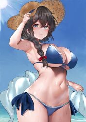 Rule 34 | 1girl, absurdres, alternate breast size, armpits, artist name, bikini, blue bikini, blue eyes, blush, braid, breasts, front-tie bikini top, front-tie top, hat, highres, huge breasts, kantai collection, kokutou (goto123kokutoh), looking at viewer, medium hair, official alternate costume, outdoors, sarong, shigure (kancolle), shigure kai san (kancolle), side-tie bikini bottom, single braid, solo, straw hat, swimsuit, wet, wide hips