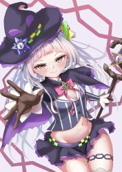 1girl absurdres gloves grey_hair hat highres hololive long_hair long_sleeves looking_at_viewer mitsu_3_33 murasaki_shion murasaki_shion_(1st_costume) shirt skirt smile solo striped_clothes vertical-striped_clothes virtual_youtuber witch_hat yellow_eyes