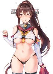 Rule 34 | 1girl, :o, adapted costume, areola slip, blush, breasts, brown eyes, brown hair, crop top, detached sleeves, flower, hair between eyes, hair flower, hair ornament, headgear, highleg, highleg panties, holding, kansho (stm 735), kantai collection, large breasts, long hair, long sleeves, midriff, navel, open mouth, panties, petals, ponytail, see-through, sidelocks, simple background, solo, tassel, thighhighs, underboob, underwear, white background, white thighhighs, yamato (kancolle)