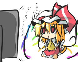 Rule 34 | 1girl, :&lt;, ascot, blonde hair, female focus, flandre scarlet, goma (gomasamune), hat, hat ribbon, long skirt, open mouth, puffy sleeves, red eyes, ribbon, short hair, short sleeves, side ponytail, skirt, solo, television, touhou, triangle mouth, white background, wings