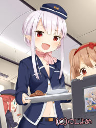 Rule 34 | 3girls, :d, blush, brown hair, flight attendant, food, half updo, hat, md5 mismatch, muku (muku-coffee), multiple girls, navel, open mouth, peeking out, pointy ears, red eyes, resolution mismatch, short hair, smile, source smaller, travel attendant, tray, valhalla valkyries