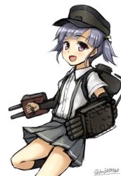 Rule 34 | 10s, 1girl, arm warmers, artist name, black legwear, chimney, don (29219), grey eyes, grey hair, hair ornament, hair ribbon, hat, imperial japanese navy, kantai collection, looking at viewer, machinery, ooshio (kancolle), open mouth, pleated skirt, ribbon, school uniform, serafuku, short hair, short twintails, skirt, smile, solo, suspenders, torpedo, turret, twintails, twitter username, white background