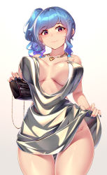 Rule 34 | 1girl, absurdres, azur lane, backless dress, backless outfit, bag, bare shoulders, blue hair, blue nails, blush, breasts, cleavage, closed mouth, clothes lift, commentary request, dress, earrings, evening gown, from below, grey dress, hair ornament, hairclip, halter dress, halterneck, handbag, highres, holding, holding bag, jewelry, large breasts, nail polish, necklace, pink eyes, plunging neckline, revealing clothes, sgt-jz, side ponytail, sidelocks, silver dress, skirt, skirt lift, smile, st. louis (azur lane), st. louis (luxurious wheels) (azur lane), thighs, underboob