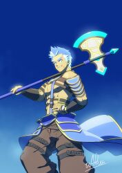 Rule 34 | 1boy, abs, axe, baggy pants, bara, belt, blue background, blue hair, chest harness, crave saga, cross scar, from below, gradient background, hand on own thigh, harness, highres, holding, holding axe, large pectorals, light blue hair, looking at viewer, male focus, multicolored hair, multiple belts, muscular, muscular male, nipples, noctiluca (crave saga), over shoulder, pants, pectorals, scar, scar on face, short hair, signature, simple background, solo, strap, thick eyebrows, vambraces, waku (ayamix), weapon, weapon over shoulder, white hair