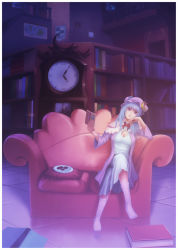 Rule 34 | 1girl, arm support, bad id, bad pixiv id, book, bookshelf, breasts, cleavage, clock, couch, crescent, dress, fateline alpha, female focus, hat, head rest, highres, crossed legs, library, long hair, map, patchouli knowledge, plate, purple eyes, purple hair, sitting, smile, solo, touhou
