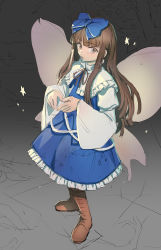 Rule 34 | 1girl, absurdres, blue dress, blunt bangs, blush, boots, bow, brown eyes, brown footwear, brown hair, brown ribbon, capelet, dress, fairy wings, flat chest, frilled capelet, frilled dress, frills, full body, hair bow, hakonnbo, highres, juliet sleeves, long hair, long sleeves, looking at viewer, neck ribbon, open mouth, pinafore dress, puffy sleeves, ribbon, sleeveless dress, solo, standing, star (symbol), star sapphire, touhou, white capelet, wide sleeves, wings