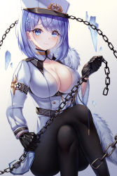 Rule 34 | 1girl, absurdres, azur lane, black gloves, blue eyes, blue hair, blush, breasts, chain, chapayev (azur lane), commentary request, gloves, hair ornament, hairclip, hat, highres, jacket, large breasts, looking at viewer, military hat, mole, mole on breast, nowsicaa, pantyhose, peaked cap, short hair, smile, solo, white hat, white jacket
