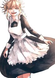 Rule 34 | 1girl, apron, bags under eyes, blonde hair, boku no hero academia, double bun, dress, fangs, fangs out, hair bun, highres, long dress, maid, maid apron, maid day, messy hair, open mouth, simple background, slit pupils, smile, toga himiko, white background, yagi0illust, yellow eyes