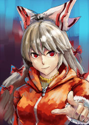 1girl absurdres bad_id bad_pixiv_id faux_traditional_media fujiwara_no_mokou hair_ribbon highres hood hooded_jacket index_finger_raised jacket long_hair pointing pointing_at_viewer red_eyes ribbon silver_hair solo touhou tress_ribbon turtleneck xiaozilongjiang zipper