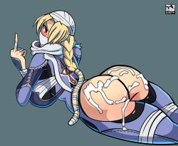 Rule 34 | 1girl, artist name, ass, ass cutout, bandages, blonde hair, braid, breasts, clothing cutout, cum, cum on ass, embarrassed, gerph, hip focus, huge ass, large breasts, long hair, looking at viewer, lying, middle finger, ninja, nintendo, red eyes, sheik, sideboob, simple background, solo, the legend of zelda, the legend of zelda: ocarina of time, thick thighs, thighs, third-party edit, wide hips