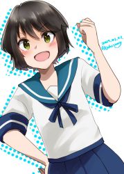 Rule 34 | 1girl, black hair, blue sailor collar, blue skirt, brown eyes, commentary request, cowboy shot, dated, hand on own hip, highres, johssnny, kantai collection, miyuki (kancolle), one-hour drawing challenge, open mouth, pleated skirt, raised fist, sailor collar, school uniform, serafuku, short hair, skirt, smile, solo, twitter username, wavy hair, white background
