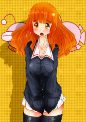 Rule 34 | 10s, 1girl, anglerfish, black thighhighs, blush, breasts, emblem, fish, girls und panzer, hands in pockets, highres, hyakute gyojin, insignia, jacket, large breasts, long hair, matching hair/eyes, military, military uniform, miniskirt, open mouth, orange eyes, orange hair, pleated skirt, skirt, solo, standing, takebe saori, thighhighs, uniform, white skirt, zettai ryouiki
