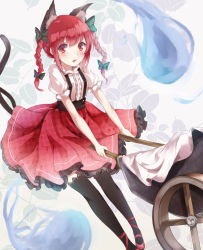 Rule 34 | 1girl, alternate costume, animal ears, bad id, bad pixiv id, berukko, black thighhighs, blush, bow, braid, cart, cat ears, cat girl, cat tail, dress, fang, female focus, hair bow, holding, kaenbyou rin, looking at viewer, mary janes, multiple tails, open mouth, red eyes, red hair, shoes, solo, tail, thighhighs, touhou, twin braids, twintails, wheelbarrow