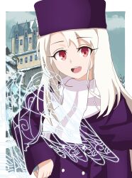 Rule 34 | absurdres, fate/stay night, fate (series), hand on own hip, hat, highres, illyasviel von einzbern, jacket, long hair, open mouth, purple hat, purple jacket, red eyes, scarf, solo, tagme, tongue, white hair, white scarf, winter clothes