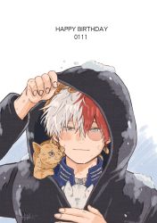 Rule 34 | 1boy, animal, animal in clothes, animal on head, animal on shoulder, blue eyes, boku no hero academia, burn scar, cat, cat on chest, cat on head, cat on shoulder, coat, costume, dated, english text, hair between eyes, hamachibri, hand on headwear, happy birthday, heterochromia, highres, holding, holding animal, hood, hood up, light blush, light smile, long bangs, male focus, multicolored hair, on head, portrait, red hair, scar, scar on face, short hair, smile, snow on head, snowing, solo focus, split-color hair, text focus, todoroki shouto, two-tone hair, white hair, winter, winter clothes, winter coat