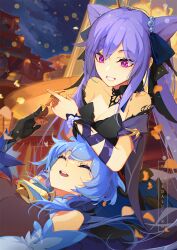 Rule 34 | 2girls, ahoge, architecture, bare shoulders, bell, black dress, blue hair, bow choker, breasts, cleavage, closed eyes, cone hair bun, detached sleeves, diamond-shaped pupils, diamond (shape), dress, east asian architecture, ganyu (genshin impact), genshin impact, hair bun, hair ears, highres, horns, ian olympia, keqing (genshin impact), keqing (opulent splendor) (genshin impact), long hair, looking at another, lying, medium breasts, multiple girls, neck bell, night, official alternate costume, on back, open mouth, pearl hair ornament, purple eyes, purple hair, sidelocks, smile, strapless, strapless dress, symbol-shaped pupils, two-tone dress, valentine, white sleeves, yuri