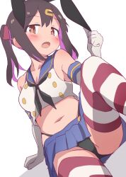 Rule 34 | 1girl, black panties, blue skirt, blush, breasts, cosplay, crop top, elbow gloves, gloves, hair ornament, hair ribbon, hairclip, hatafuta, highleg, highleg panties, kantai collection, long hair, looking at viewer, medium breasts, microskirt, midriff, miniskirt, navel, onii-chan wa oshimai!, open mouth, oyama mihari, panties, pleated skirt, red ribbon, ribbon, shimakaze (kancolle), shimakaze (kancolle) (cosplay), simple background, sitting, skirt, solo, striped clothes, striped thighhighs, thighhighs, twintails, underwear, white background, white gloves