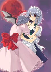 Rule 34 | 2girls, bad id, bad pixiv id, breasts, cleavage, female focus, izayoi sakuya, moon, multiple girls, red moon, remilia scarlet, small breasts, soumendaze, touhou