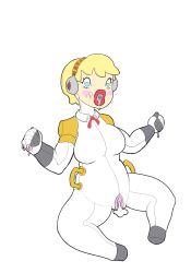 Rule 34 | 1girl, aegis (persona), artist request, breasts, cum, cum in pussy, heart, heart-shaped pupils, inflatable, large breasts, objectification, persona, persona 3, pussy, sex doll, shin megami tensei, simple background, sitting, solo, spread legs, symbol-shaped pupils, transformation, white background