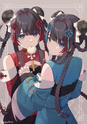 Rule 34 | 2girls, alternate color, back hair, bare shoulders, black hair, black shorts, blue dress, blue eyes, blue flower, blue sleeves, blunt bangs, bow, braid, braided hair rings, bun cover, chinese clothes, closed mouth, detached sleeves, double bun, dress, flower, gradient hair, hair bow, hair bun, hair flower, hair intakes, hair ornament, highres, holding hands, interlocked fingers, long hair, long sleeves, looking at viewer, looking back, mouth hold, multicolored hair, multiple girls, nijisanji, nono chitose, official alternate costume, red dress, red flower, red hair, red sleeves, shorts, tassel, tassel hair ornament, tsukino mito, tsukino mito (china dress), twin braids, very long hair, virtual youtuber, white bow, wide sleeves