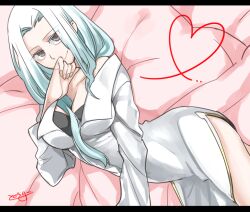 Rule 34 | 1girl, black shirt, blue hair, breasts, closed mouth, colored eyelashes, commentary request, enomoto noa, gold trim, grey eyes, hand to own mouth, lab coat, large breasts, letterboxed, light blue hair, long hair, long sleeves, on bed, parted bangs, saibou shinkyoku, shirt, smile, solo, tokusa riko