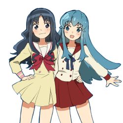 Rule 34 | &gt;:), 10s, blue eyes, blue hair, hand on another&#039;s hip, happinesscharge precure!, heartcatch precure!, highres, kurumi erika, long hair, precure, sakuragi mochi, school uniform, shirayuki hime, simple background, smile, v-shaped eyebrows, wavy hair, white background