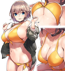 Rule 34 | 1girl, bikini, blue eyes, blush, breasts, brown hair, choker, cleavage, front-tie bikini top, front-tie top, hands up, highres, jacket, large breasts, looking at viewer, multiple views, navel, open clothes, open jacket, open mouth, original, shimazu tekkou, short hair, side-tie bikini bottom, simple background, swimsuit, white background, yellow bikini
