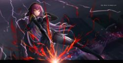 Rule 34 | 1girl, armor, blurry, bodysuit, depth of field, fate/grand order, fate (series), gae bolg (fate), highres, kneeling, long hair, on one knee, parted lips, pauldrons, purple hair, red eyes, scathach (fate), shoulder armor, solo, veil, very long hair, wangchuan de quanyan