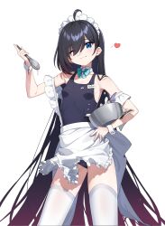 Rule 34 | 1girl, absurdres, alternate costume, apron, armpits, bare shoulders, batter, black hair, blue eyes, bowl, breasts, controlline3, counter:side, frilled apron, frills, highres, holding, holding bowl, holding whisk, long hair, looking at viewer, maid, maid apron, maid headdress, mixing bowl, multicolored hair, name tag, one-piece swimsuit, one eye closed, rosaria le friede, small breasts, smile, solo, swimsuit, thighhighs, very long hair, waist apron, whisk, whisking, white apron, white thighhighs