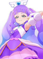 Rule 34 | 1girl, aqua eyes, armpits, brooch, closed mouth, cure majesty, detached sleeves, dress, ellee-chan, gloves, hair ornament, hairclip, half-closed eyes, half-dress, hand in own hair, highres, hirogaru sky! precure, jewelry, layered skirt, long hair, looking at viewer, magical girl, miniskirt, pleated skirt, precure, puffy detached sleeves, puffy sleeves, purple dress, purple hair, purple skirt, simple background, skirt, sleeveless, sleeveless dress, smile, solo, standing, tiler (tiler00), two side up, very long hair, white background, white gloves, wing brooch, wing hair ornament