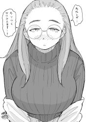 Rule 34 | 1girl, absurdres, blush, breasts, glasses, greyscale, hadashi no kenji, hair slicked back, highres, large breasts, long hair, monochrome, original, ribbed sweater, simple background, solo, sweater, tearing up, translated, white background