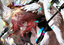 Rule 34 | 1girl, arknights, blurry, depth of field, exusiai (arknights), feathered wings, floating hair, floating object, floating weapon, glowing, gun, hair between eyes, hair over mouth, halo, hood, hood down, jacket, multiple wings, portrait, pvc parfait, red hair, rifle, short hair, solo, weapon, white wings, wings, yellow eyes