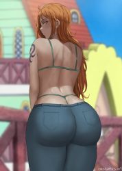 Rule 34 | 1girl, ass, bare shoulders, bikini, bikini top only, blush, denim, from behind, highres, huge ass, jeans, long hair, looking at viewer, looking back, nami (one piece), one piece, orange eyes, orange hair, oroborus, pants, shiny skin, shoulder tattoo, solo, swimsuit, tattoo, thick thighs, thighs, thong, thong bikini, tight clothes, tight pants, very long hair, whale tail (clothing)
