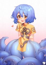 Rule 34 | 1girl, arm behind back, blue hair, blush, brown eyes, china dress, chinese clothes, dress, female focus, gradient background, heart, monster girl, niniidawns, open mouth, original, scylla, short hair, solo, tentacles